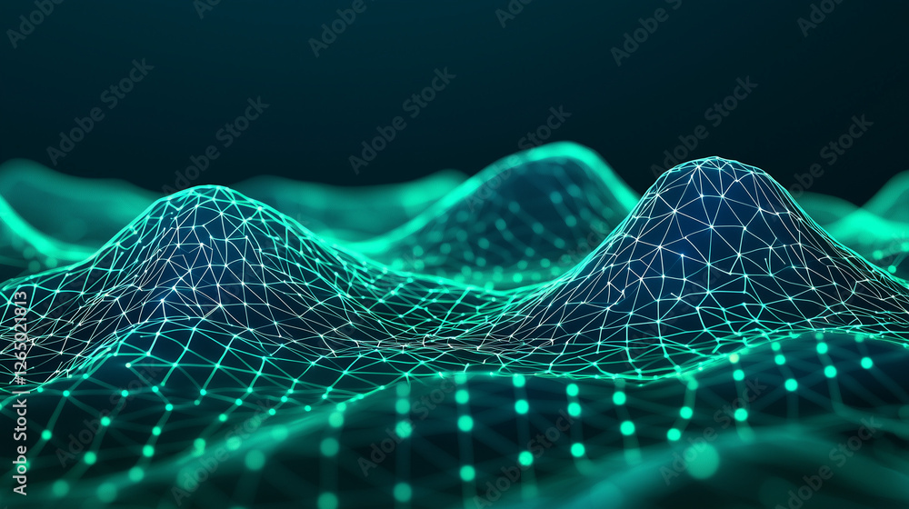 Poster teal digital landscape with interconnected nodes forming undulating hills. represents data flow, net