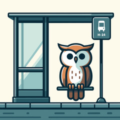 Owl at Bus Stop Whimsical Flat Illustration of Urban Wildlife