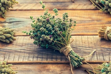 Manga Style Thyme Bouquet, Rustic Wood, Twine, Candid Photo