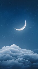 A serene crescent moon shines brightly over soft, fluffy clouds in a deep blue night sky.
