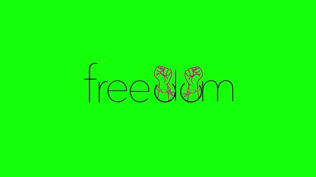A dynamic Freedom logo animation with a chroma key effect, featuring hands breaking handcuffs, letter morphing, and dynamic lines.