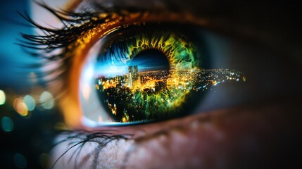 An eye reflects a vibrant cityscape at night, the iris glowing with colors and detail, merging human and urban elements into one.