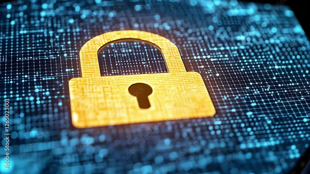 Poster a digital shield featuring a padlock symbol, representing cybersecurity and data protection.