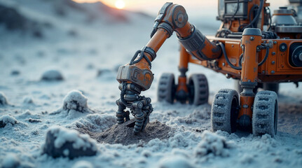 Robotic rover with an orange mechanical arm exploring a frozen extraterrestrial landscape, digging into the icy ground at sunrise, showcasing futuristic space exploration technology