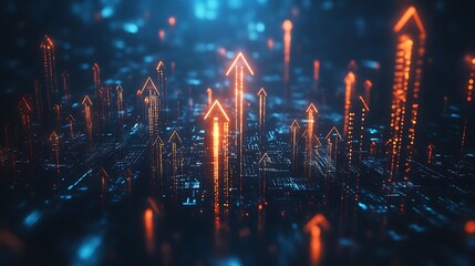 Futuristic digital arrows pointing upwards, symbolizing growth and progress in a technology themed environment