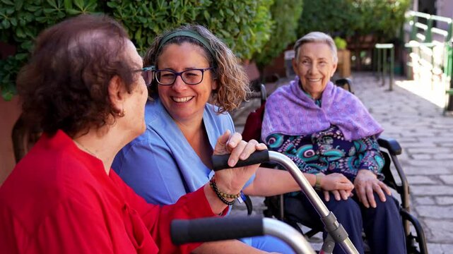 Compassionate geriatric nurse bonding with elderly woman, sharing warm laughter amid sunlit nursing home garden, showcasing genuine human connection and joy