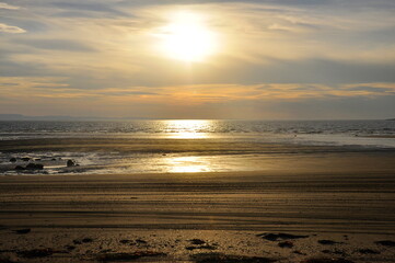 Seascape. Sandy seashore at sunset at low tide