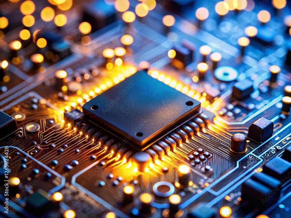 Poster microscopic close-up of integrated circuit components with bokeh: operational amplifier, logic gate