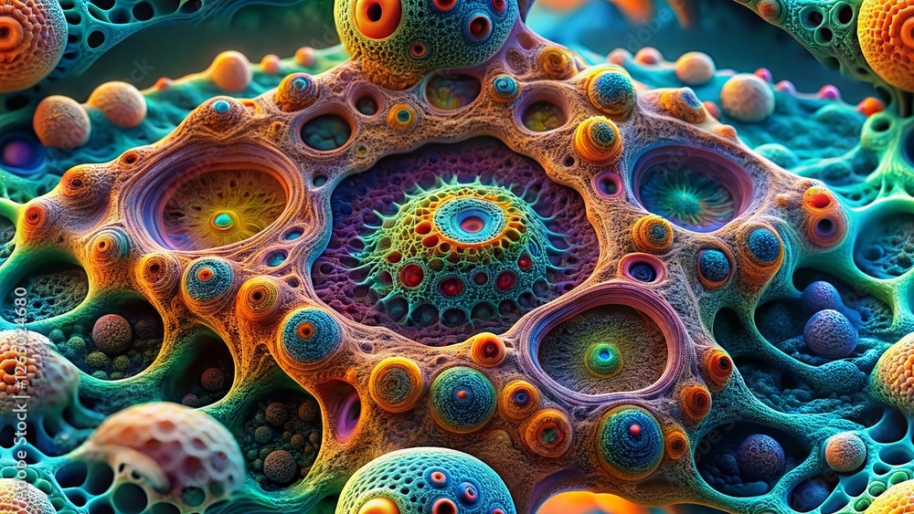 Poster microscopic science: abstract cellular structures on dark background