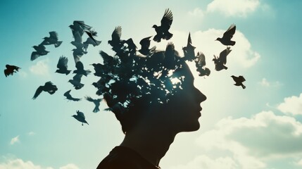 Silhouetted birds emerge from a mind’s silhouette against a sky backdrop, symbolizing thoughts taking flight.