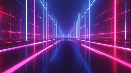 An endless expanse of neon-lit pathways creates a futuristic, immersive atmosphere, with pink and blue lights stretching into the horizon.