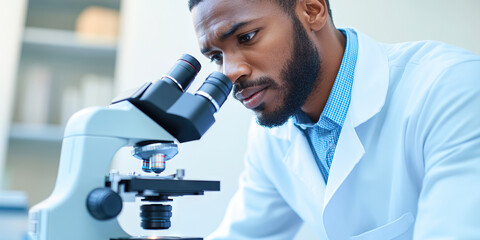 Man Using Compound Light Microscope in Laboratory