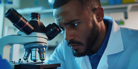 Close-up of Man Using Compound Microscope in Laboratory Setting