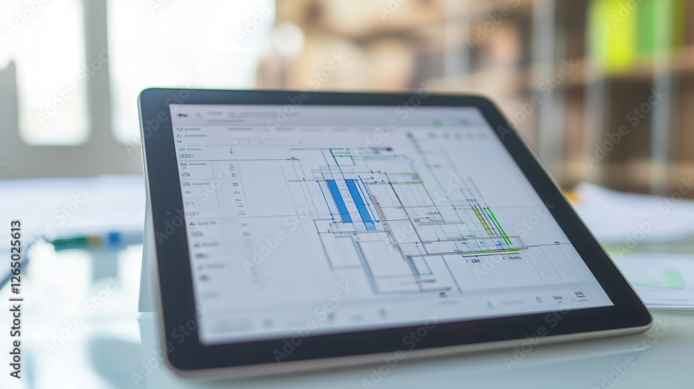 Poster digital workflow app interface displayed on a tablet, with project timelines and task priorities
