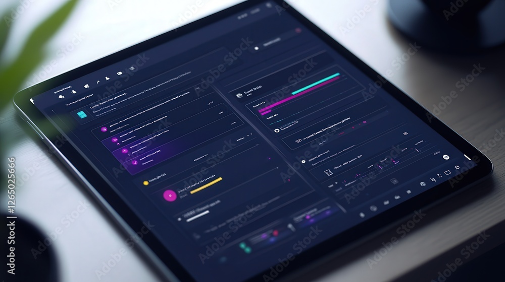 Poster digital workflow app interface displayed on a tablet, with project timelines and task priorities