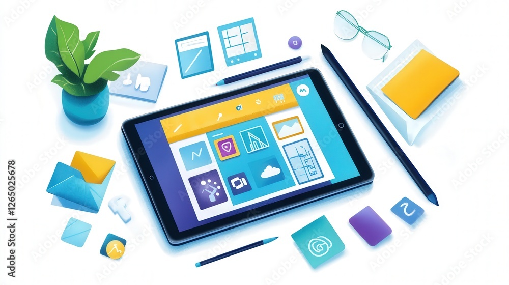 Poster digital workspace design featuring a tablet with a stylus, icons, and app windows open on the screen