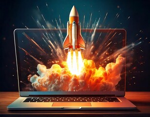 Dynamic rocket launch laptop, innovative startup marketing company, powerful promotion rapid boost, technological business concept start, enterprising success venture