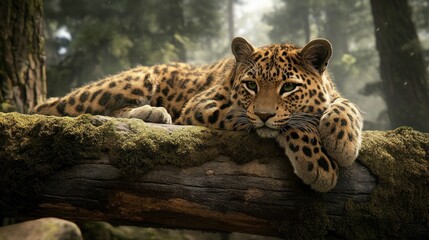 Obraz premium Serene Leopard Resting on Mossy Branch in Lush Forest Ambience