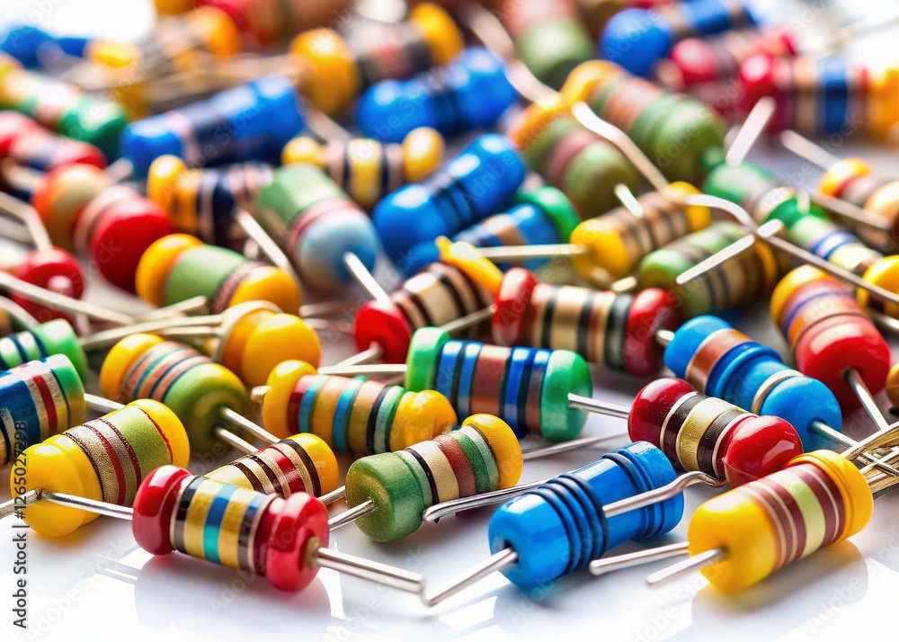 Poster miniature electronic components: resistor array on white background - tilt-shift photography