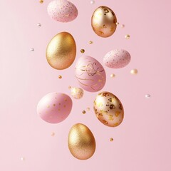 Fototapeta premium Graceful golden and pink Easter eggs float against a soft pink background, adorned with delicate patterns and shimmering accents
