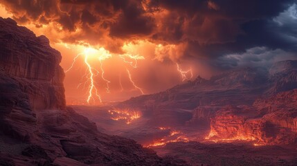 Fototapeta premium storm over Petra, where ancient rose-red sandstone cliffs glow under flashes of lightning.