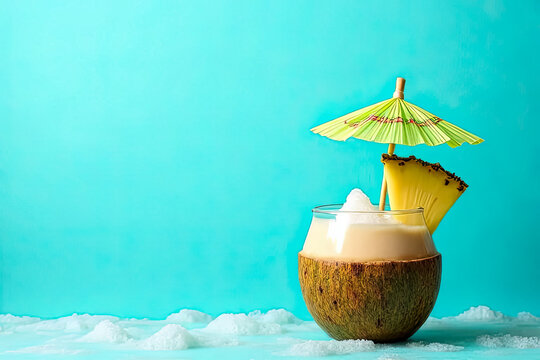 Tropical Coconut Cocktail with Ice, Pineapple, and Umbrella on a Vibrant Blue Background, Refreshing Summer Drink, Exotic Beach Vibes, Perfect for Relaxation and Vacation - Powered by Adobe