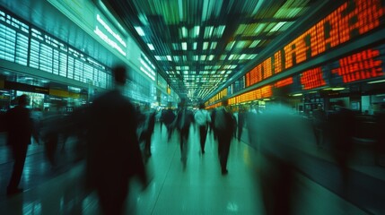 A bustling, blurred corridor with digital tickers suggests the fast-paced, energetic atmosphere of a modern financial center or stock exchange.