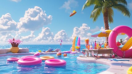 Tropical pool party, summer fun, ocean view, relaxation