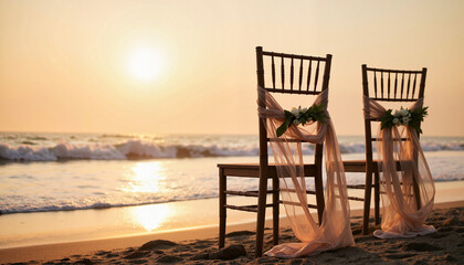 Elegant wedding chairs with ribbons at sunset beach, romantic ambiance