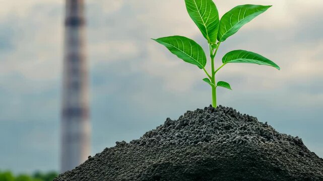 Green Plant Symbolizing Decarbonization and Sustainable Future with Focus on Environmental Responsibility and Climate Change Mitigation in Industrial Background