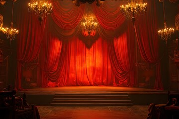 Opulent Theater Stage with Red Velvet Curtains and Golden Chandeliers Dramatic Light