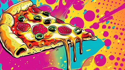 A cartoon-style pizza slice with dripping cheese against a colorful background.
