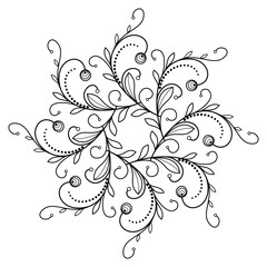 Round floral ornament coloring page. Black mandala vector illustration. Monochrome ornamental round tattoo. Thin branches with flowers and leaves. Elegant design of swirls and curved lines.