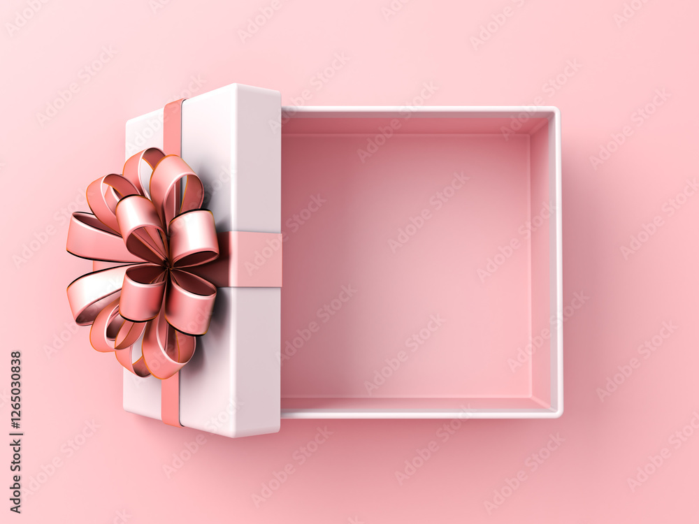 Leinwandbilder opened pink gift box with lid cover or top view of blank pink pastel color present box tied with gol