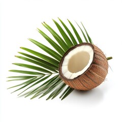 Bright and fresh raw coconut lies partially opened, surrounded by lush green palm leaves. This tropical composition invites feelings of summer and relaxation, perfect for culinary inspiration
