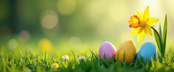 Colorful Easter Eggs and Yellow Daffodil in Green Grass with Bokeh Background