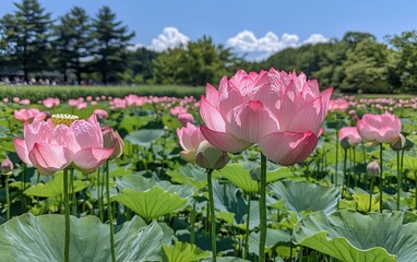 Pink lotus flowers bloom in a sunny garden, visitors in background; nature stock photo