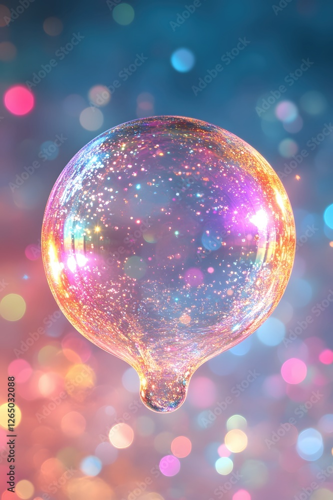 Poster iridescent sphere of light with glittering particles against a bokeh background