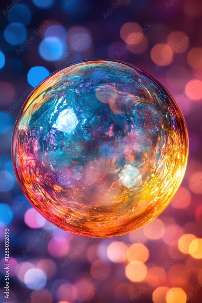 Poster iridescent sphere floating in a dreamy bokeh light abstract art with vibrant colors