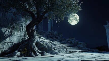 Ancient ruins, olive tree, full moon, night scene, travel