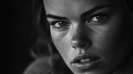 Fototapeta premium A stunning black-and-white portrait captures a woman's freckled face with intense detail, showcasing strength and vulnerability.