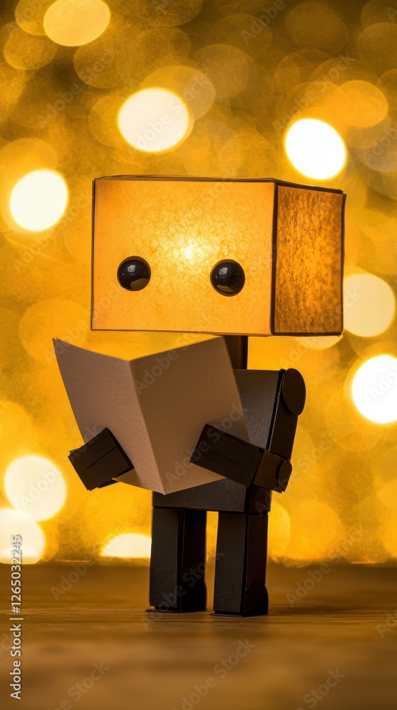 Poster retro-inspired robot reading important documents with soft bokeh background