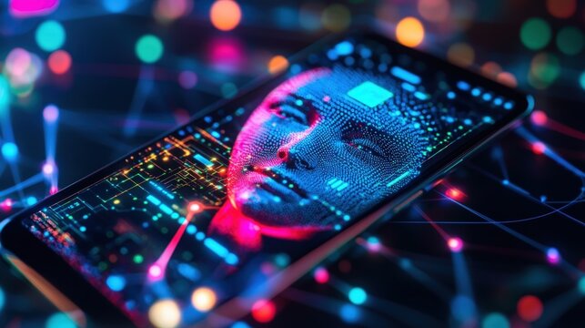 An intimate shot of a smartphone displaying a face recognition graphic alongside intricate visualizations of encrypted data packets with light beams connecting them conveying a sense