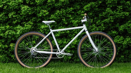 Fototapeta premium White commuter bicycle parked on a green grass lawn in front of a lush leafy hedge during daytime.
