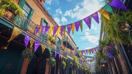 A street corner in New Orleans decorated with purple, green, and gold banners for Mardi Gras 
