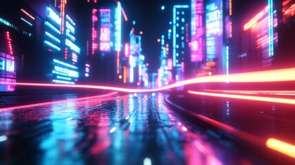 A vibrant cityscape with neon lights reflecting on wet pavement, evoking a lively, futuristic ambience that pulses with energy and dynamism.