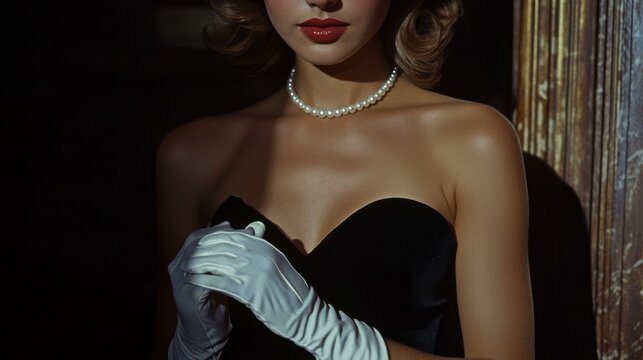 Stylish woman in pearls and gloves stands in shadow, exuding vintage elegance and mystery.