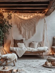 Bohemian style interior featuring a hanging macrame sofa and decor