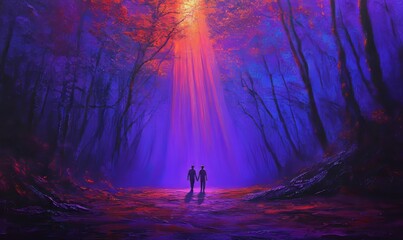 Fototapeta premium A colorful work of art captures the intimate moment of lovers on a bridge, surrounded by woods at night, radiating love, romance, and secrecy