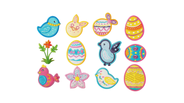 Colorful patch badges with Happy Easter icon. Design Easter greetings elements, stickers, pins for spring holidays on transparent - Powered by Adobe